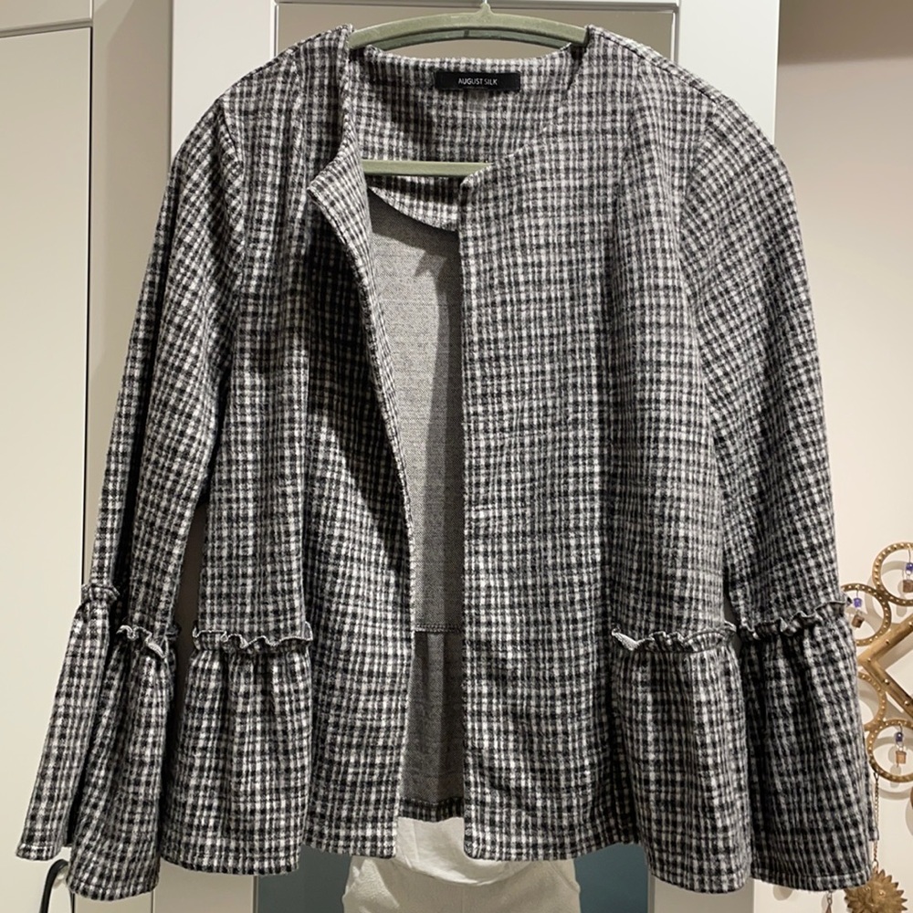 August Silk Checkered Peplum Cardigan with Bell Sleeves